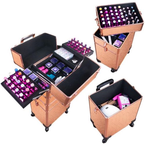 КОЗМЕТИЧЕН КУФАР XXXL 4в1 С КОЛЕЛЦА РЕЛЕФ РОЗОВО ЗЛАТО 95x25x35см