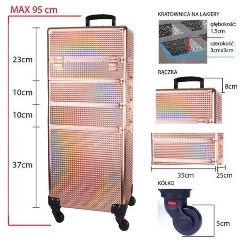 КОЗМЕТИЧЕН КУФАР XXXL 4в1 С КОЛЕЛЦА 3D КВАДРАТ РОЗОВО ЗЛАТО 95x25x35см